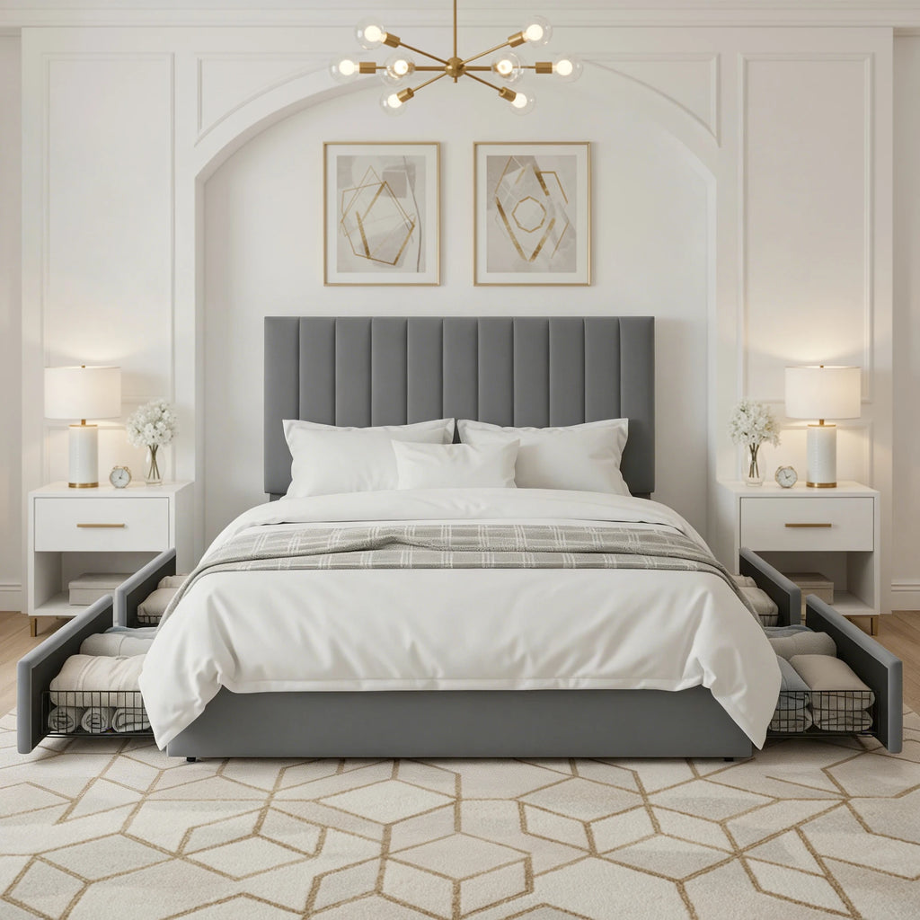 (Full/Queen/King) Velvet Upholstered Storage Bed — Vertical Channel Adjustable Headboard, 4 Under‑Bed Drawers, Mattress‑Ready Slat - LuxeHome Furniture