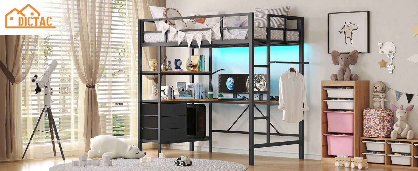 Twin Loft Bed with L‑Shaped Desk — LED Lights, Charging Station, 3 Shelves & 3 Fabric Drawers - LuxeHome Furniture