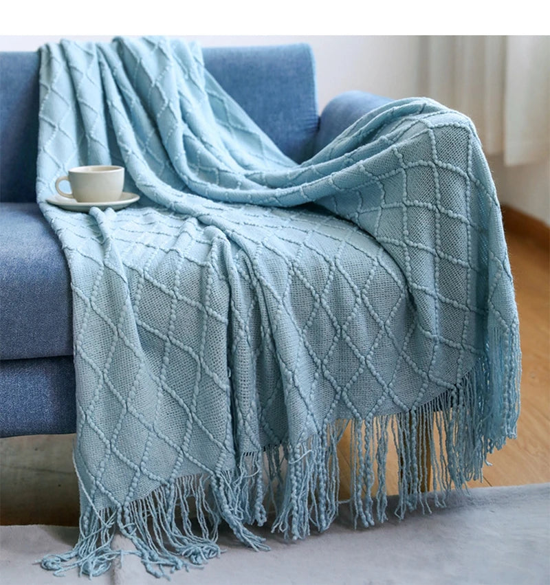 "Khaki Chunky Knit Blanket with Tassels – Oversized Vintage Farmhouse Throw, Luxury Sofa & Bedspread" - LuxeHome Furniture