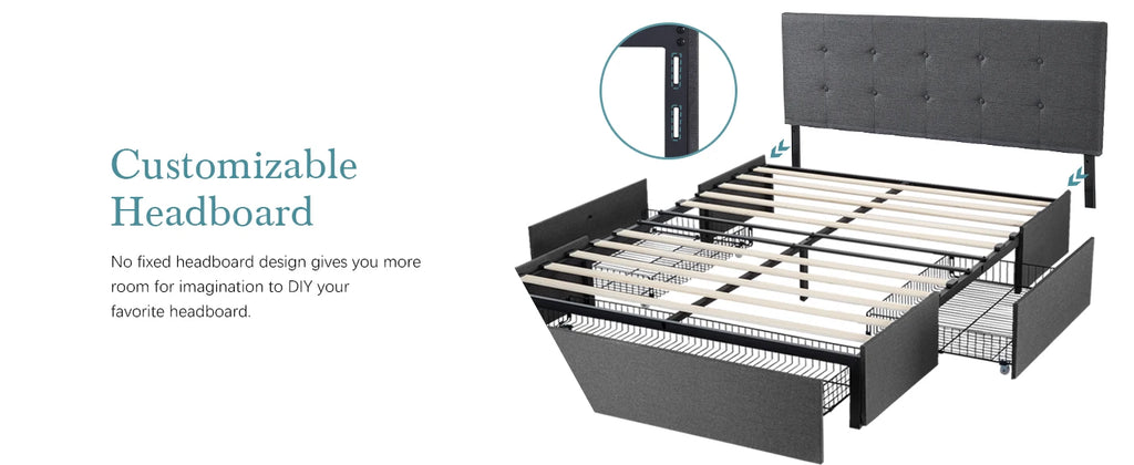 (Queen/Full)  Platform Bed Frame — 3 Under‑Bed Drawers, Headboard Compatible, Wooden Slats, No Box Spring - LuxeHome Furniture