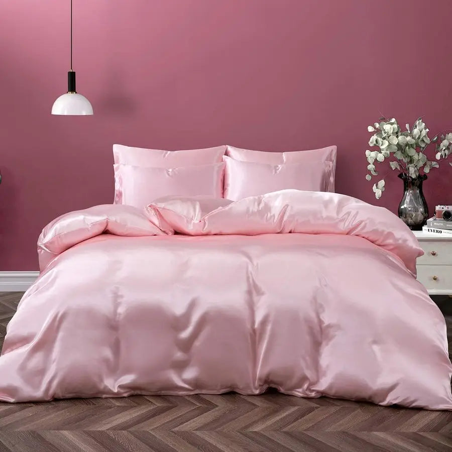 5-Piece Satin Duvet Cover Set – Full/Queen Size, Luxury Silky Soft Blush Pink Bedding with Zipper Closure - LuxeHome Furniture