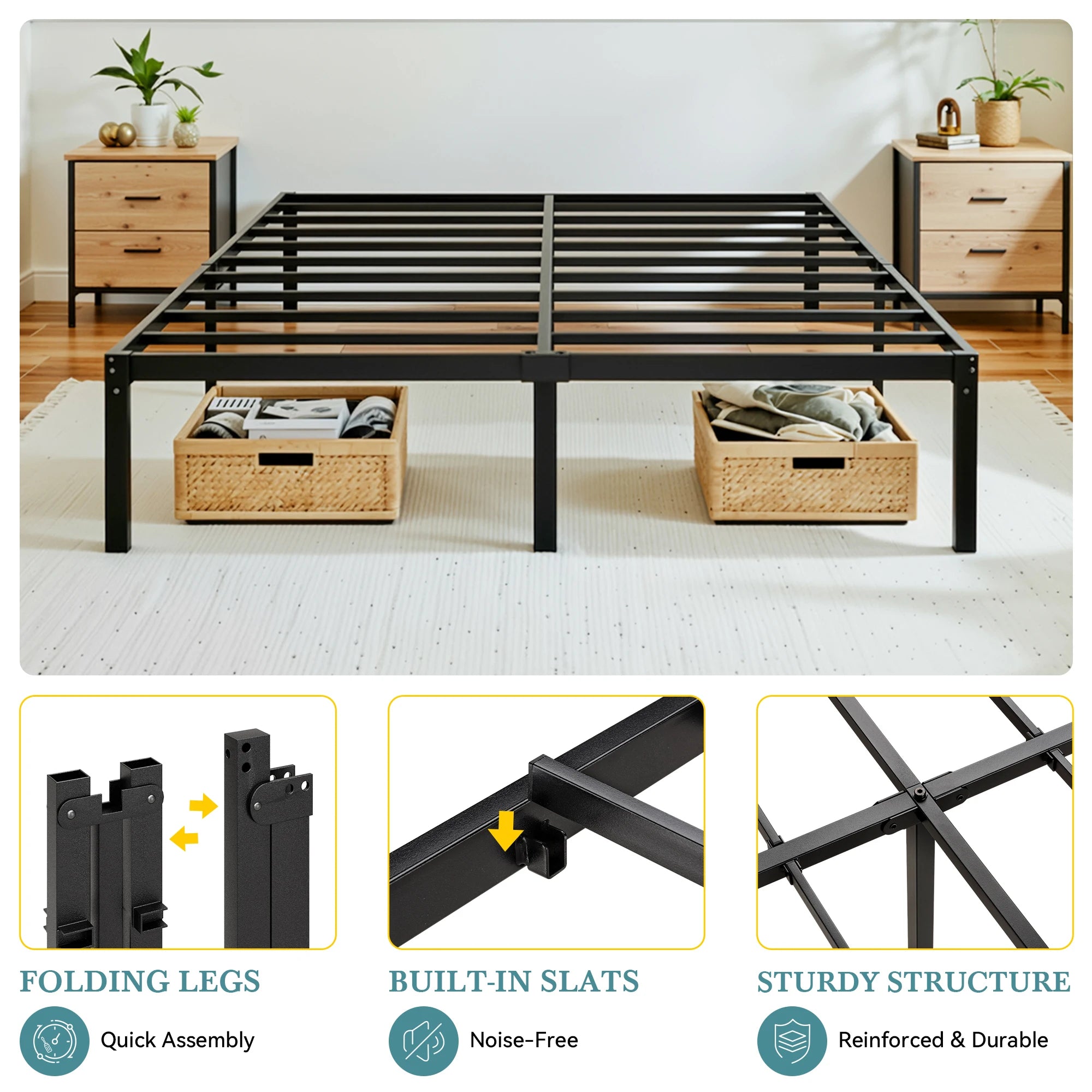 (All Sizes) Sturdy Metal Bed Frame — 14" Under‑Bed Storage, No Box Spring Required, Quick Tool‑Free Assembly - LuxeHome Furniture