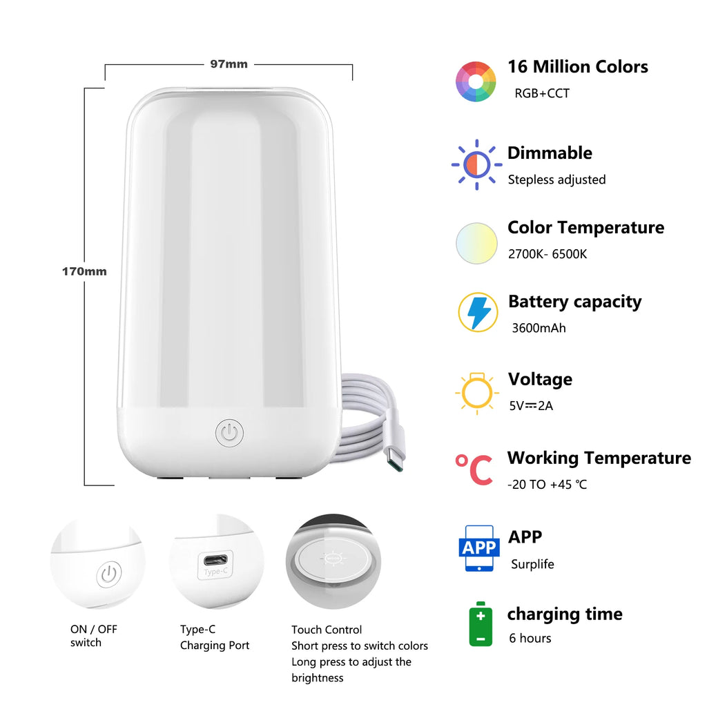 "Smart Touch RGB Bedside Lamp — Dimmable Rechargeable LED Night Light for Bedroom, Kids, Desk & Camping" - LuxeHome Furniture