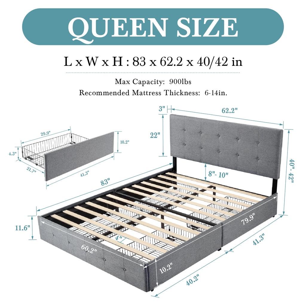 (King/Queen/Full) Platform Storage Bed Adjustable Headboard, 4 Under‑Bed Drawers, Square Stitch Button‑Tufted Upholstery - LuxeHome Furniture