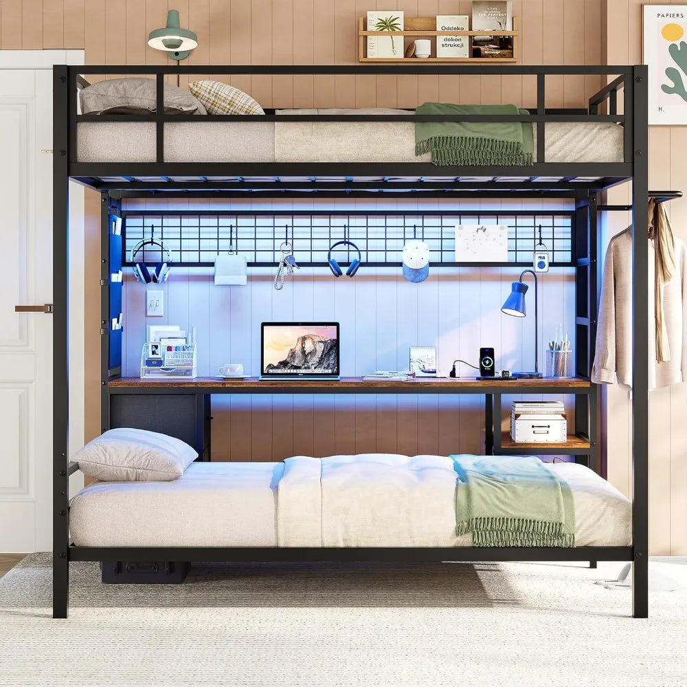 Full over Twin Bunk Bed — Built‑In Desk, USB Charging Ports & LED Accent Lighting - LuxeHome Furniture