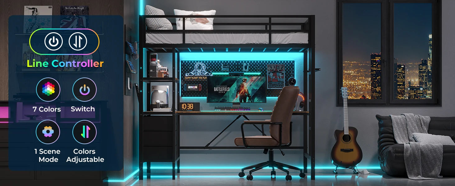 Twin Loft Bed with L‑Shaped Desk — LED Lights, Charging Station, 3 Shelves & 3 Fabric Drawers - LuxeHome Furniture