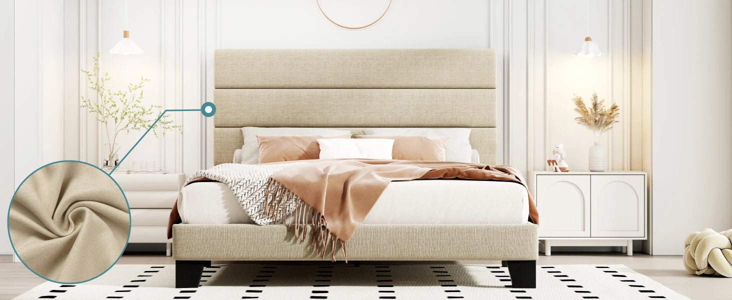(Full/Queen/King) Fabric Platform Bed with Headboard — Reinforced Wooden Slat Support, Mattress‑Ready Panel Bed Foundation - LuxeHome Furniture