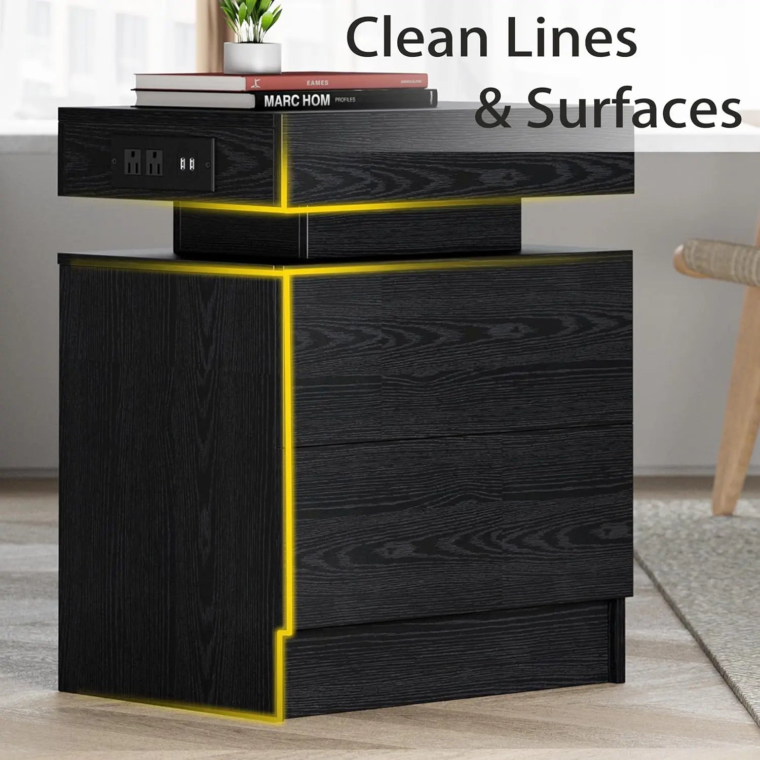 "Modern Night Stand with Charging Station – LED Light and Drawers for Bedroom or End Table Use" - LuxeHome Furniture