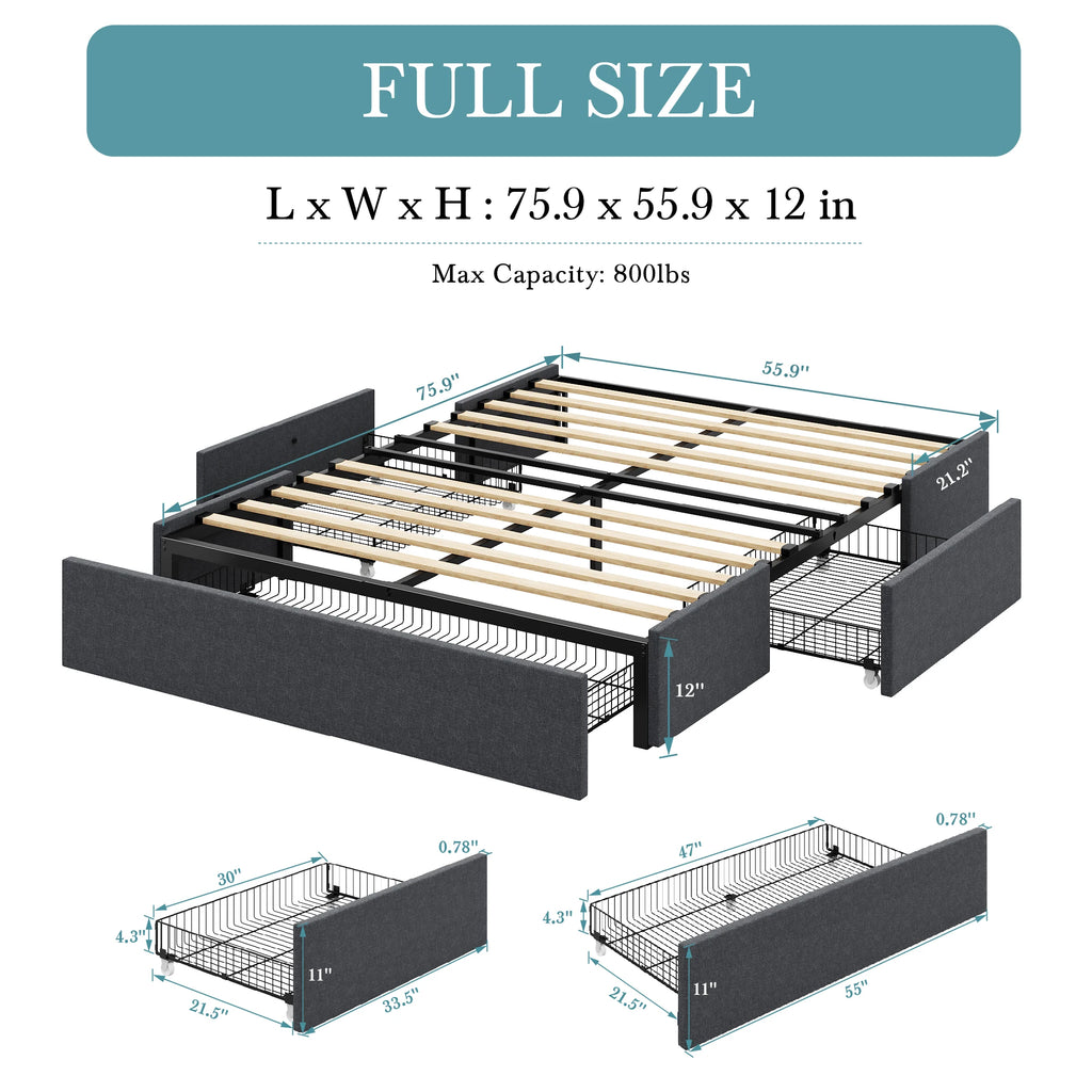 (Queen/Full)  Platform Bed Frame — 3 Under‑Bed Drawers, Headboard Compatible, Wooden Slats, No Box Spring - LuxeHome Furniture