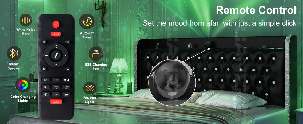 (Full Xl/Queen/King) LED Bed Frame with Galaxy Projector, Bluetooth Speaker, USB Ports & 4 Drawers — No Box Spring Needed - LuxeHome Furniture