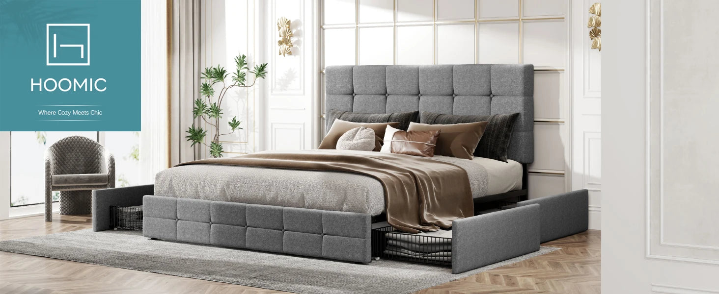 (King/Queen/Full) Platform Storage Bed Adjustable Headboard, 4 Under‑Bed Drawers, Square Stitch Button‑Tufted Upholstery - LuxeHome Furniture