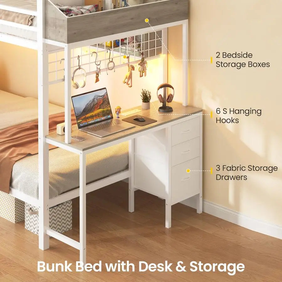 Twin‑over‑Twin Bunk Bed — LED Lights & Charging Station, Desk + 3 Storage Drawers (Heavy‑Duty Metal) - LuxeHome Furniture