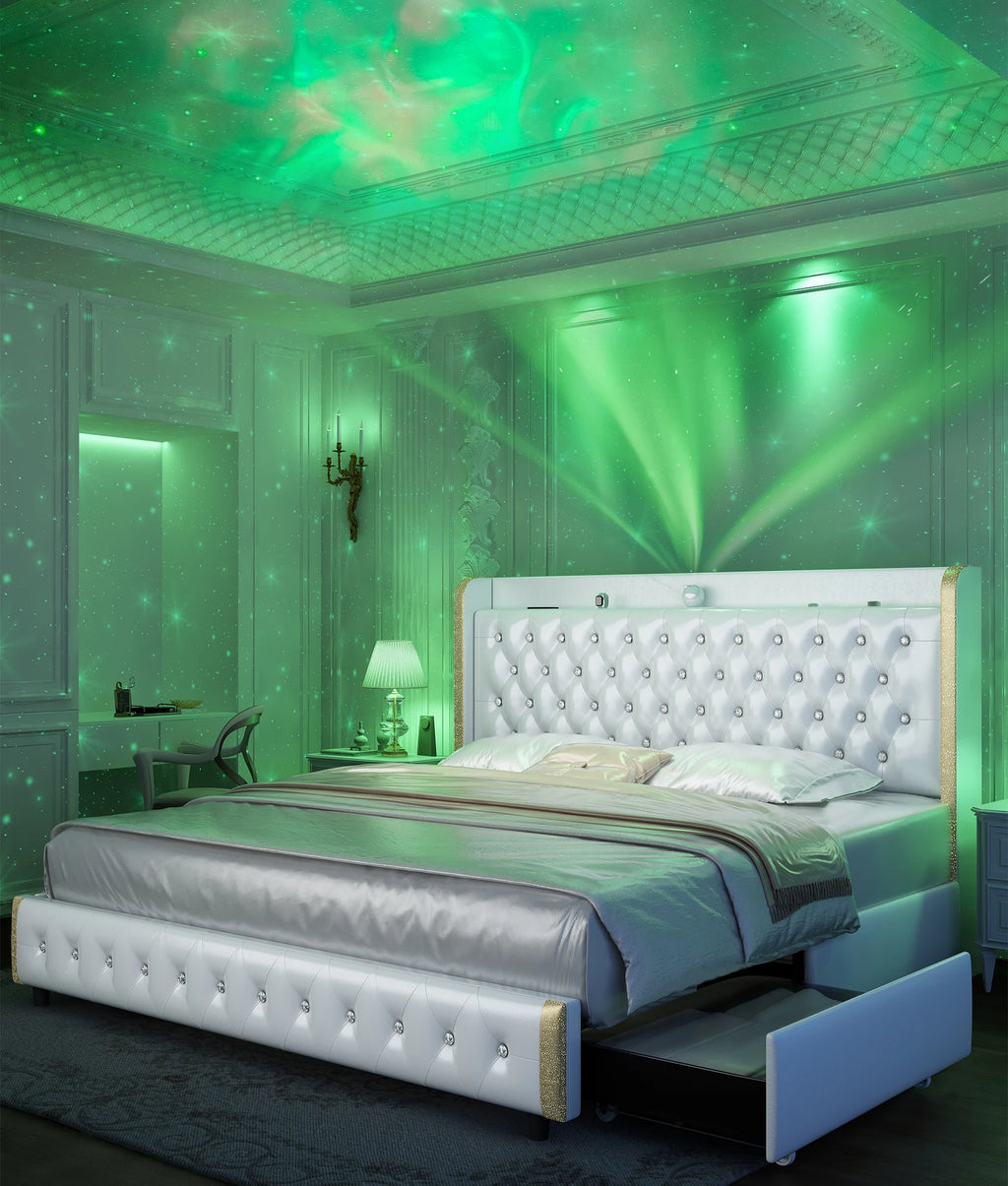 (Full Xl/Queen/King) LED Bed Frame with Galaxy Projector, Bluetooth Speaker, USB Ports & 4 Drawers — No Box Spring Needed - LuxeHome Furniture
