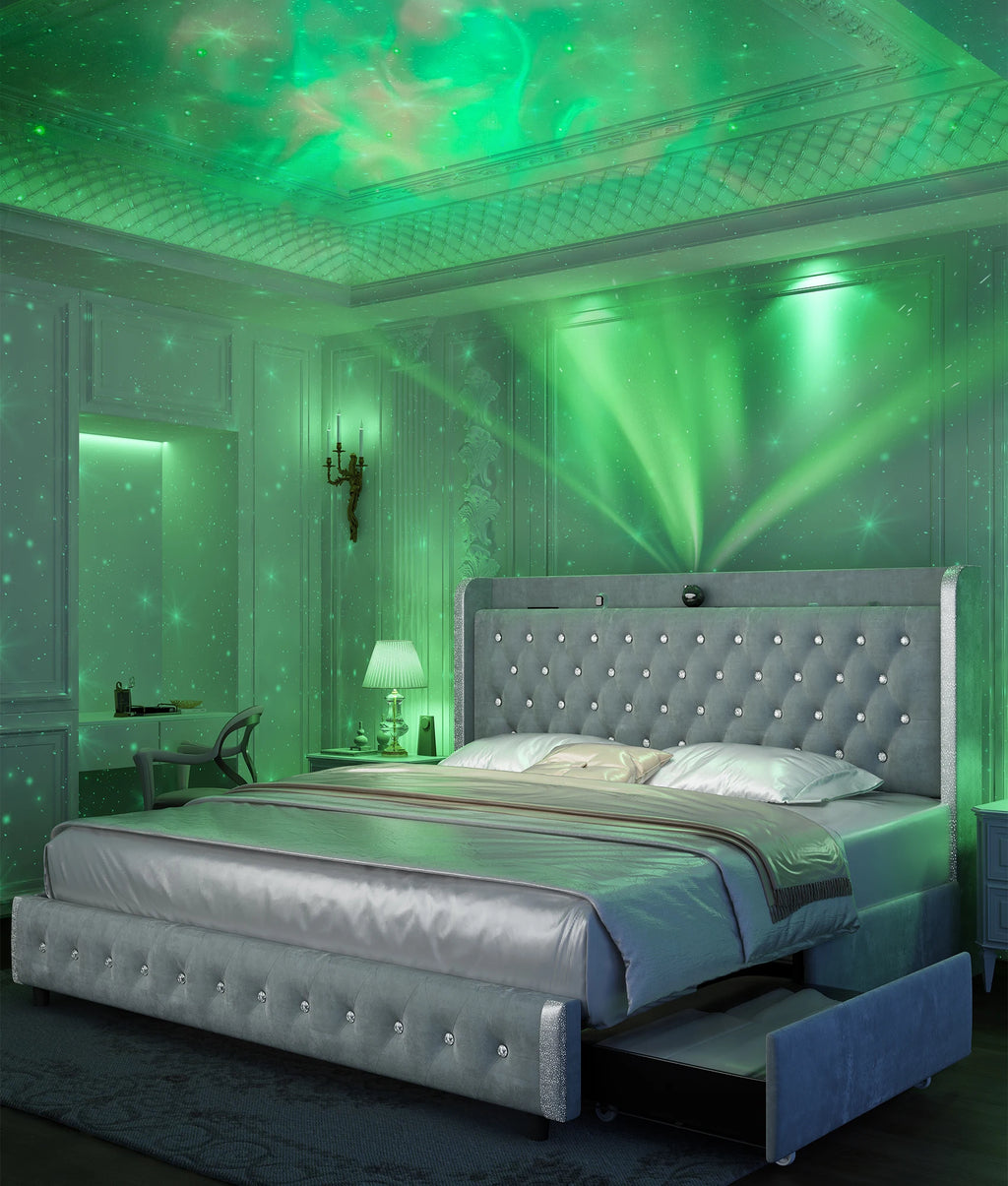 (Full Xl/Queen/King) LED Bed Frame with Galaxy Projector, Bluetooth Speaker, USB Ports & 4 Drawers — No Box Spring Needed - LuxeHome Furniture