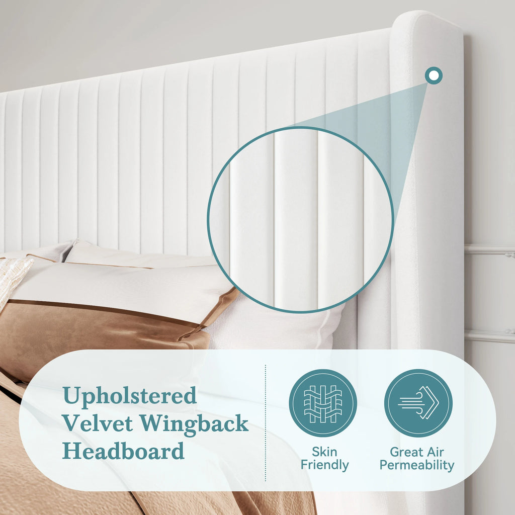 (Full/Queen/King) Velvet Upholstered Bed Frame — Vertical‑Channel Tufted Wingback Headboard, Wooden Slat Support - LuxeHome Furniture