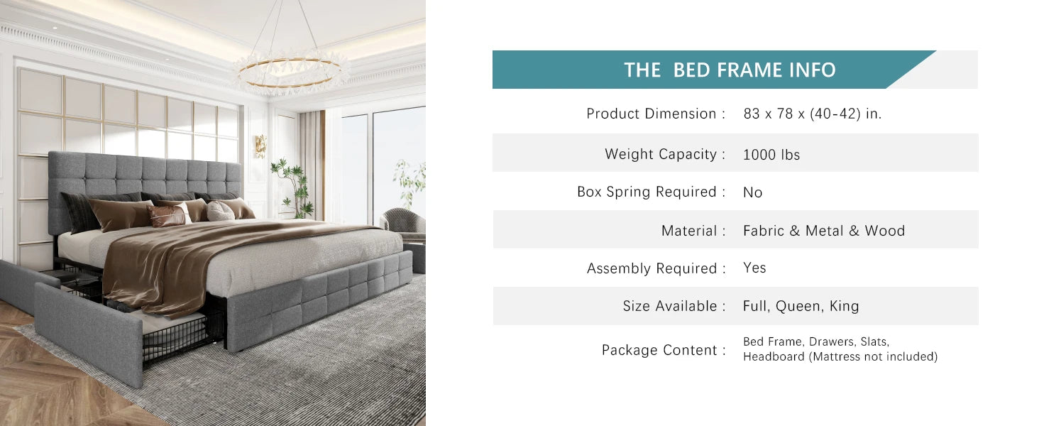 (King/Queen/Full) Platform Storage Bed Adjustable Headboard, 4 Under‑Bed Drawers, Square Stitch Button‑Tufted Upholstery - LuxeHome Furniture