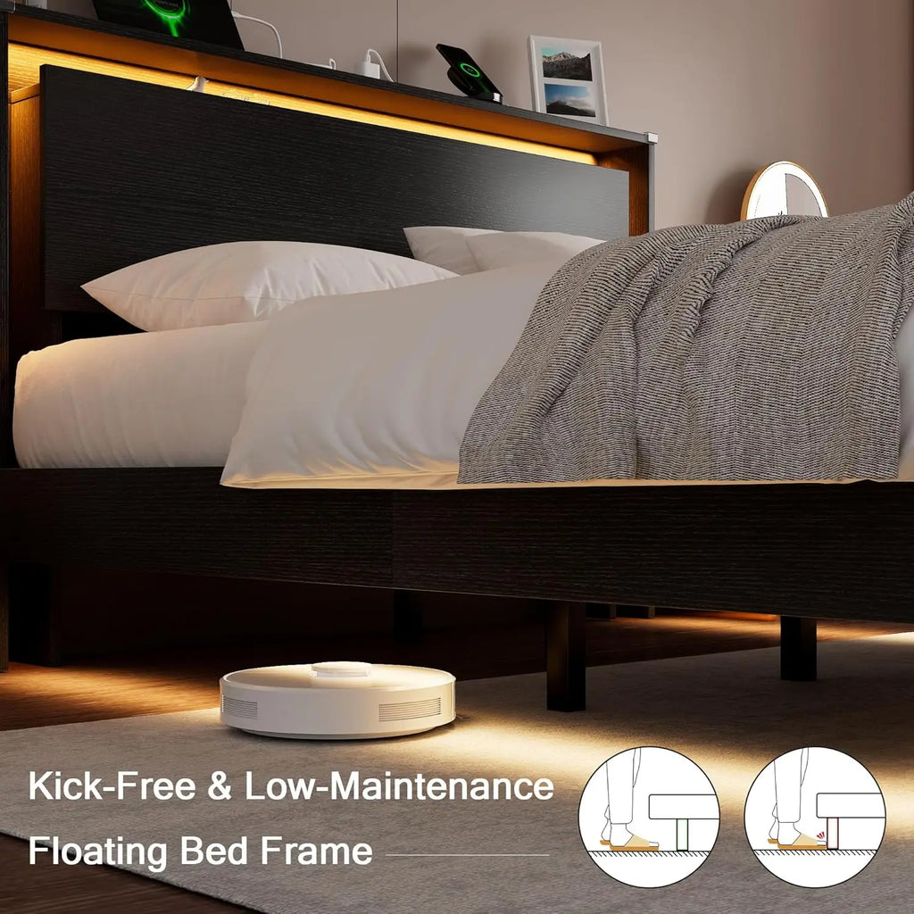(All Sizes) Wood Floating Bed Frame with LED Lights & Charging Station with Storage Headboard, Adhesive Slats - LuxeHome Furniture