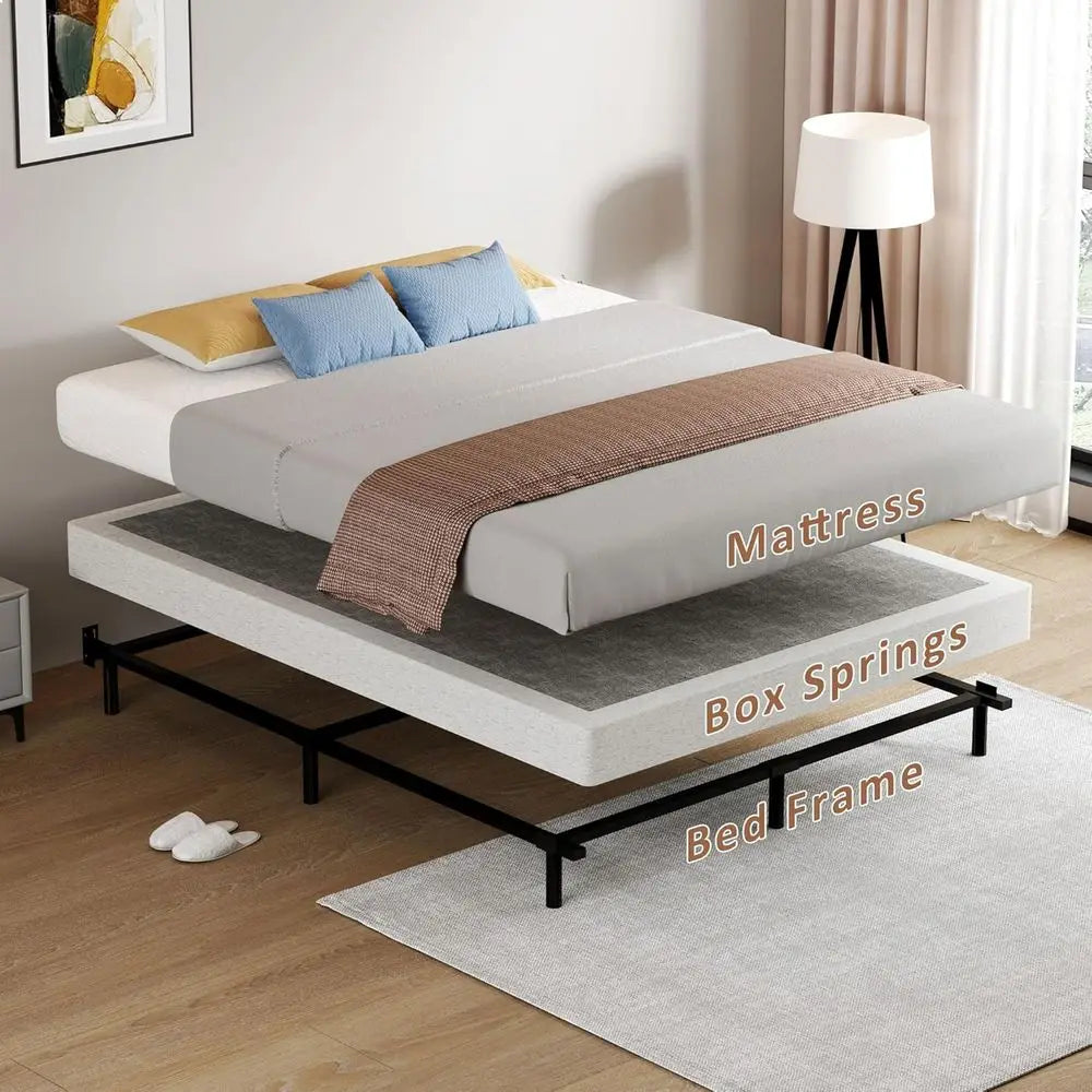 Queen Size Box Springs - 5 Inch Low Profile Mattress No Noise Heavy Duty Metal Base with Clean Fabric Cover, Easy Assembly