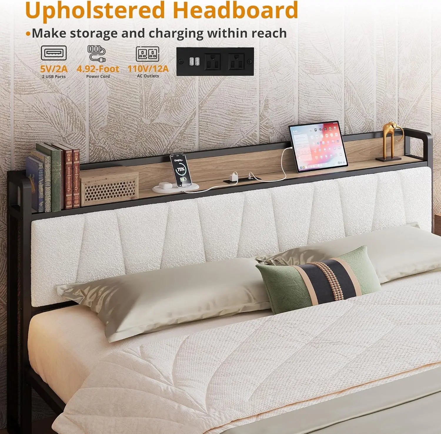 (King/Cal King) Platform Bed Frame — Built‑In Charging Headboard & Storage, Quick Assembly, No Box Spring - LuxeHome Furniture