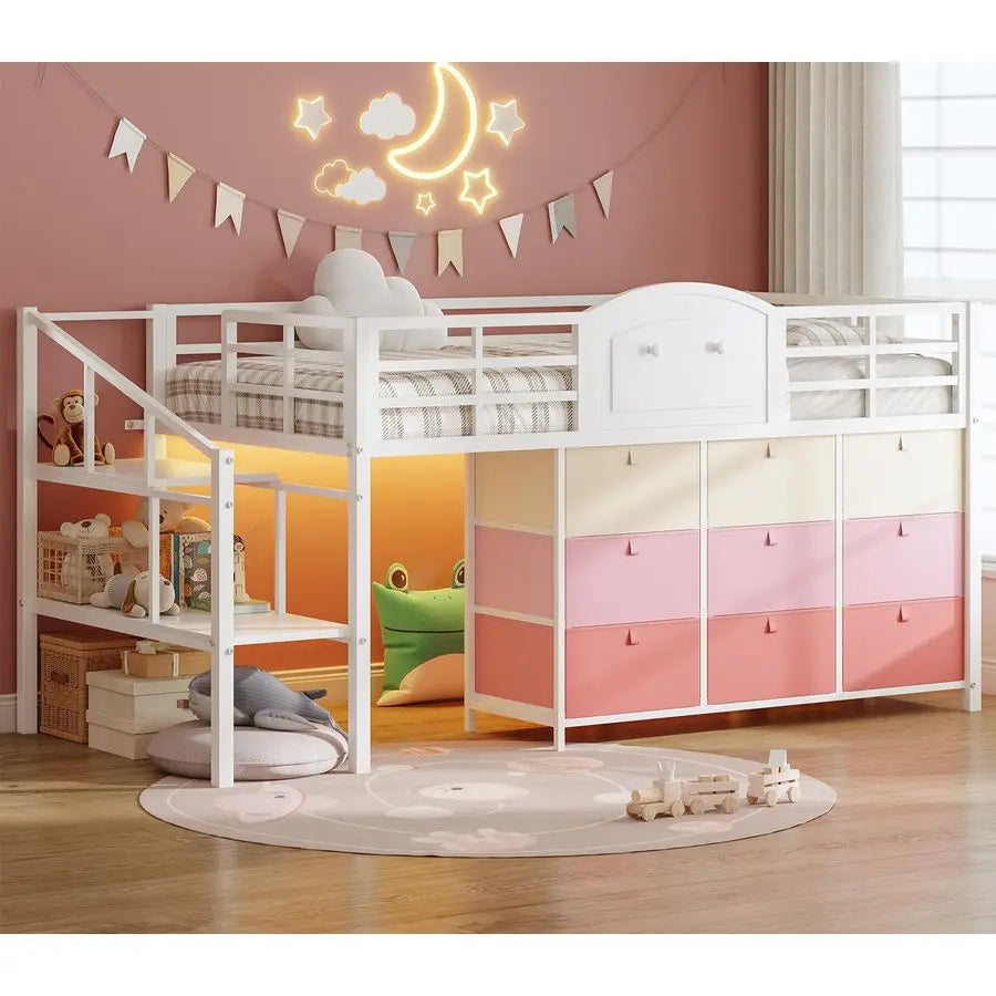 Low Loft Metal Twin Bed — 9 Drawer Stairway Storage & Built‑In LEDs - LuxeHome Furniture