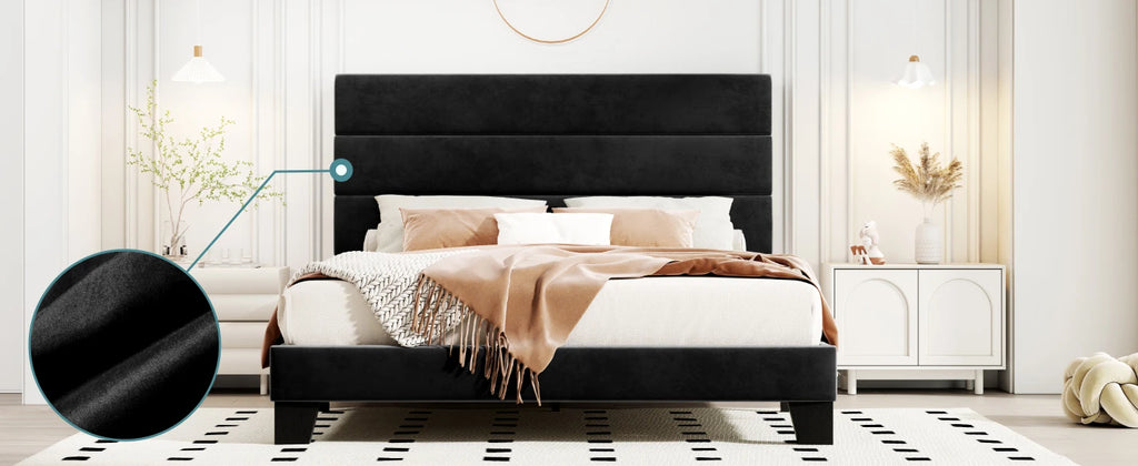 (Full/Queen/King) Fabric Platform Bed with Headboard — Reinforced Wooden Slat Support, Mattress‑Ready Panel Bed Foundation - LuxeHome Furniture