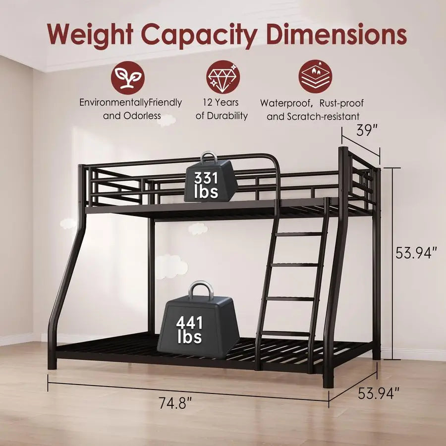 Twin over Full Bunk Bed — Low‑Height Design, Full‑Length Guardrail, Sturdy Ladder - LuxeHome Furniture