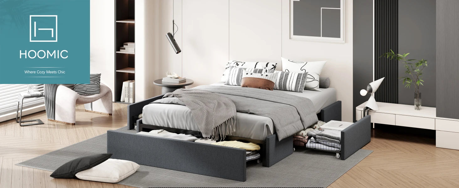 (Queen/Full)  Platform Bed Frame — 3 Under‑Bed Drawers, Headboard Compatible, Wooden Slats, No Box Spring - LuxeHome Furniture