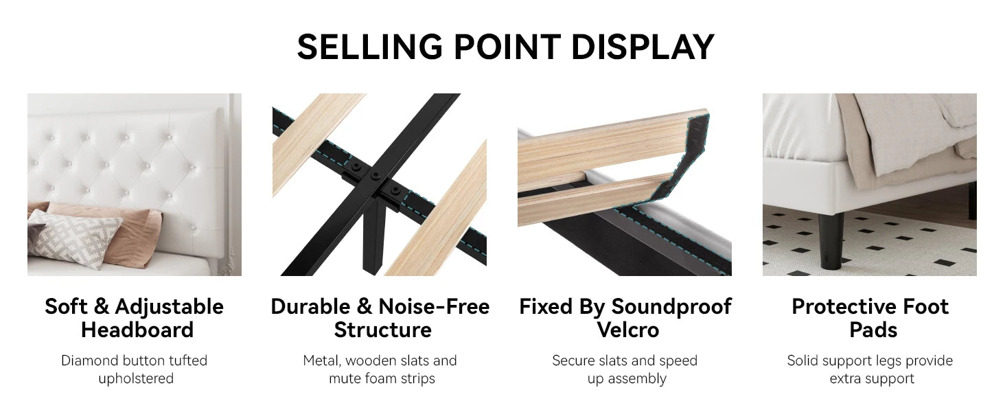 (Queen/Full) Faux Leather Platform Bed with Adjustable Diamond‑Tufted Headboard — Stylish Upholstered Frame - LuxeHome Furniture