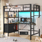 Twin Loft Bed with L‑Shaped Desk — LED Lights, Charging Station, 3 Shelves & 3 Fabric Drawers - LuxeHome Furniture