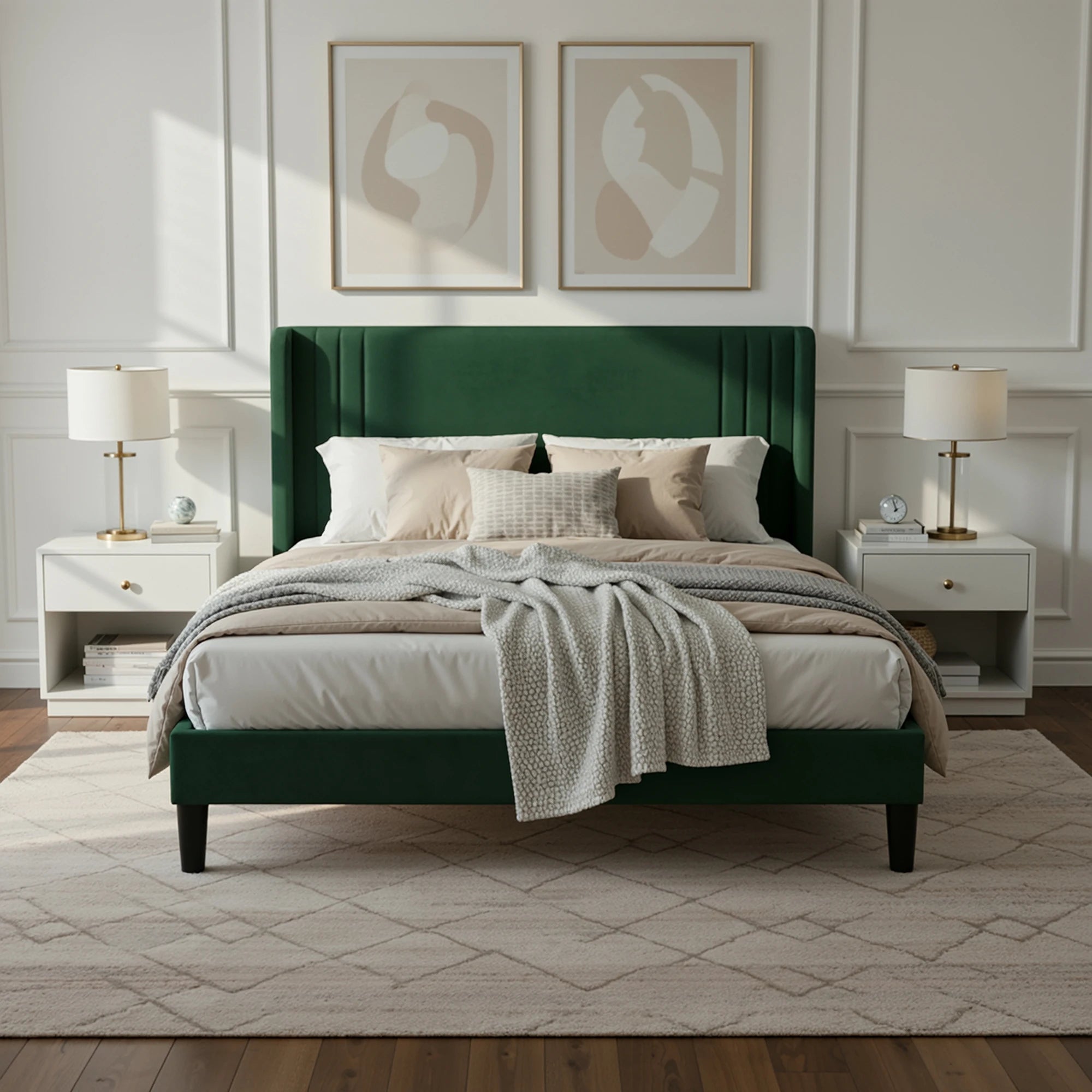 (Full/Queen/King) Velvet Platform Bed with Wingback Headboard Under‑Bed Storage, No Box Spring Needed - LuxeHome Furniture