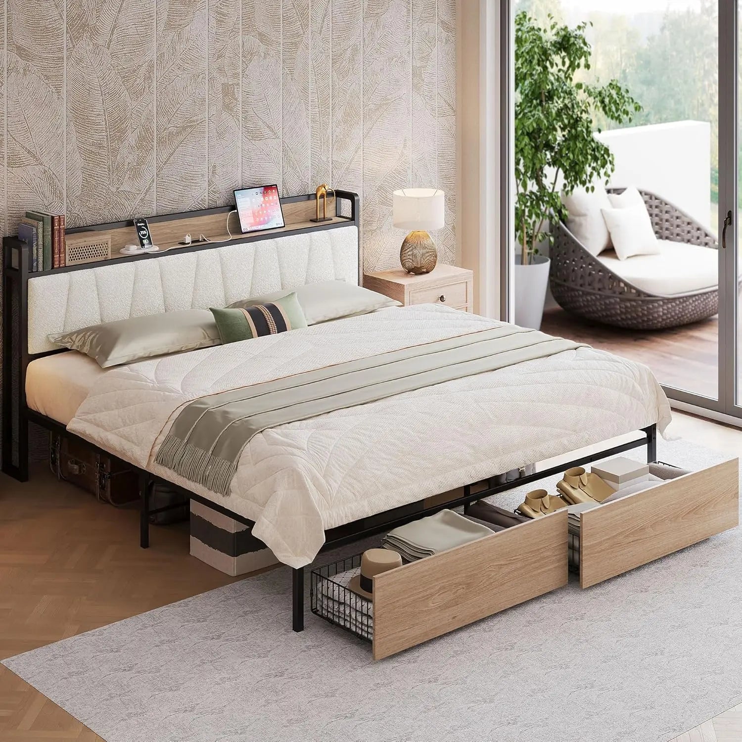 (King/Cal King) Platform Bed Frame — Built‑In Charging Headboard & Storage, Quick Assembly, No Box Spring - LuxeHome Furniture
