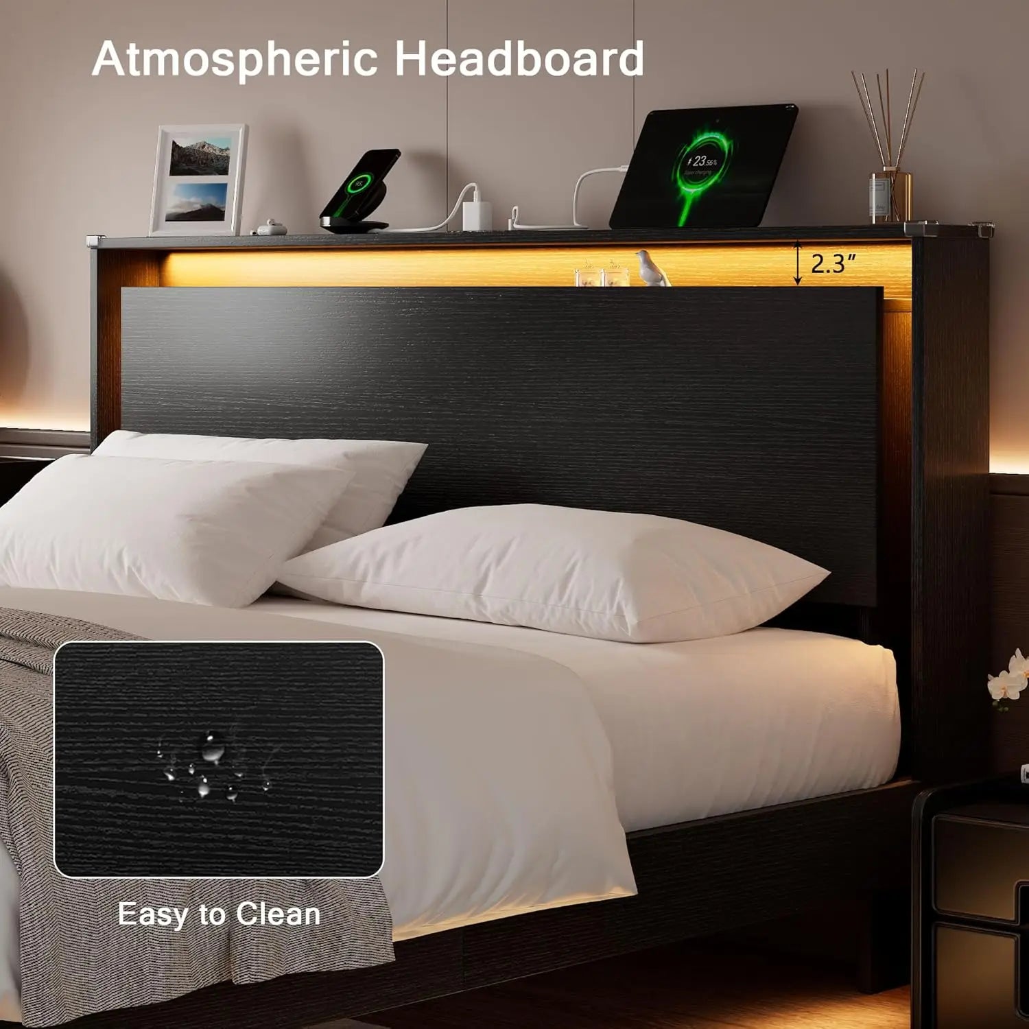 (All Sizes) Wood Floating Bed Frame with LED Lights & Charging Station with Storage Headboard, Adhesive Slats - LuxeHome Furniture