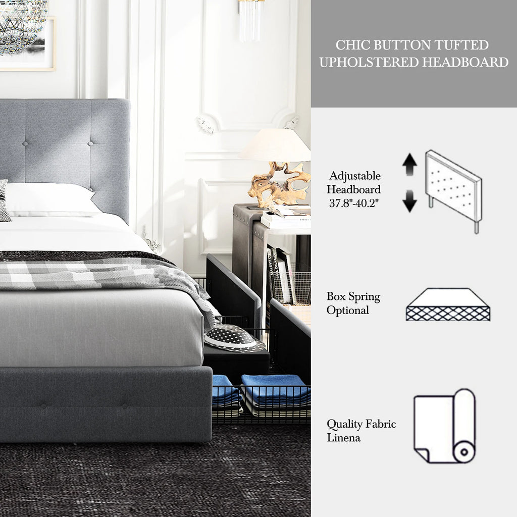 (King/Queen/Full) Platform Storage Bed Adjustable Headboard, 4 Under‑Bed Drawers, Square Stitch Button‑Tufted Upholstery - LuxeHome Furniture