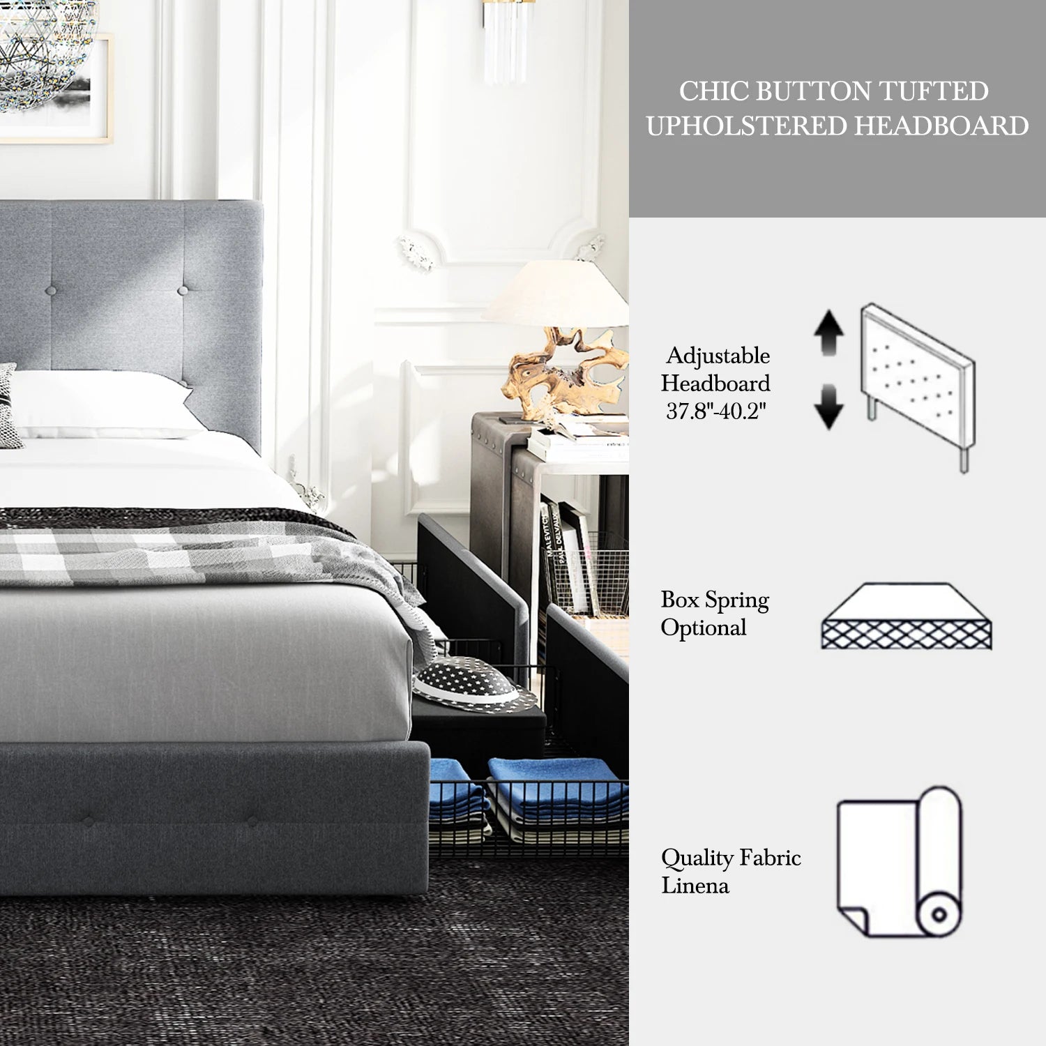 (King/Queen/Full) Platform Storage Bed Adjustable Headboard, 4 Under‑Bed Drawers, Square Stitch Button‑Tufted Upholstery - LuxeHome Furniture