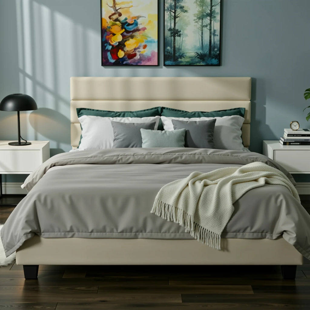 (All sizes) Upholstered Bed Frame Adjustable Headboard, Sturdy Wood Slats Support, No Box Spring Needed - LuxeHome Furniture