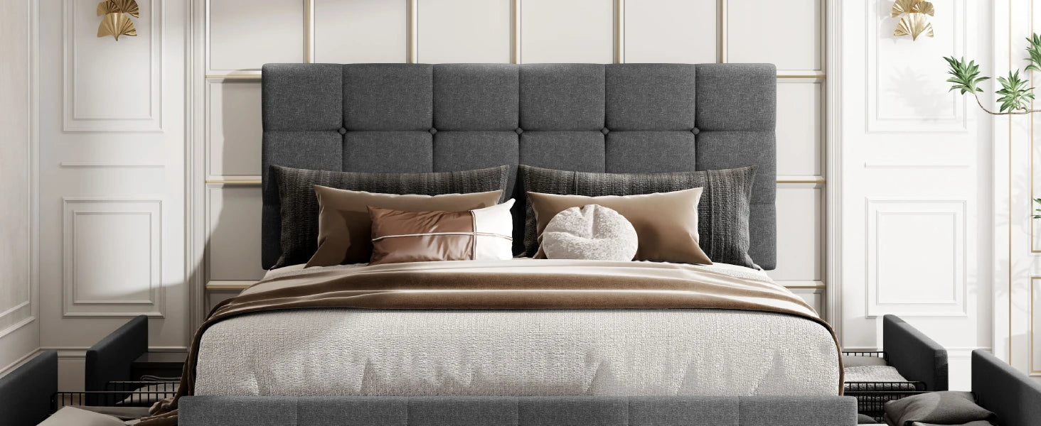 (King/Queen/Full) Platform Storage Bed Adjustable Headboard, 4 Under‑Bed Drawers, Square Stitch Button‑Tufted Upholstery - LuxeHome Furniture