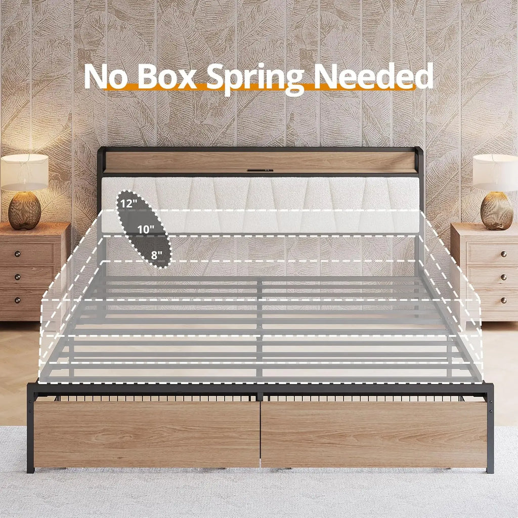 (King/Cal King) Platform Bed Frame — Built‑In Charging Headboard & Storage, Quick Assembly, No Box Spring - LuxeHome Furniture
