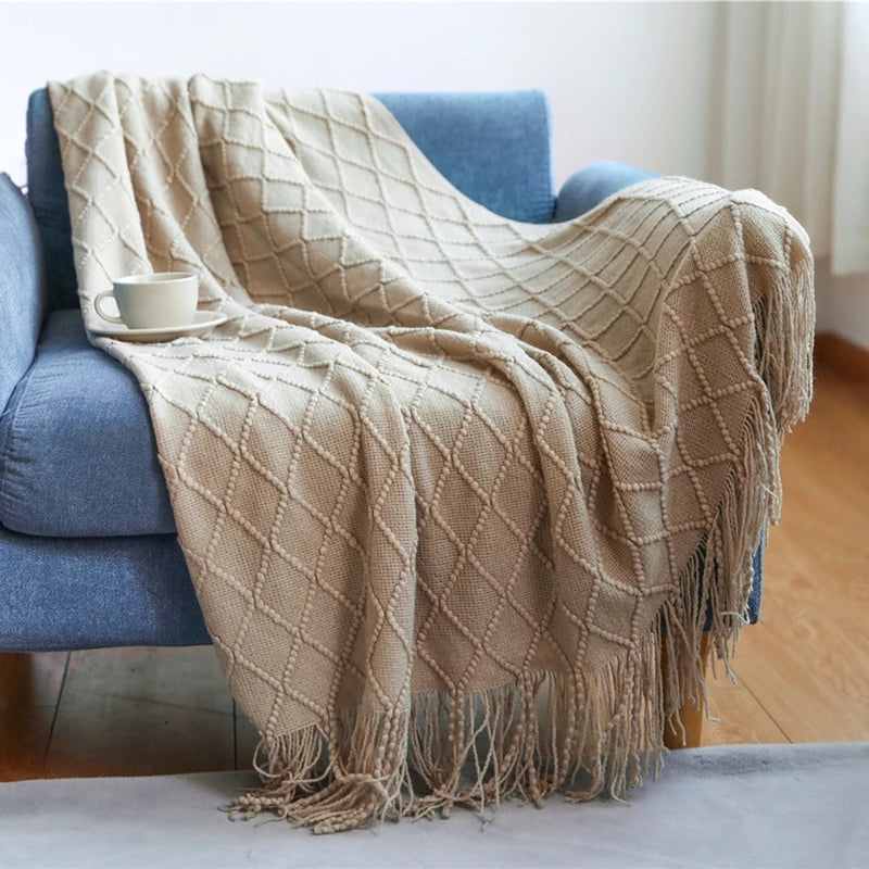 "Khaki Chunky Knit Blanket with Tassels – Oversized Vintage Farmhouse Throw, Luxury Sofa & Bedspread" - LuxeHome Furniture