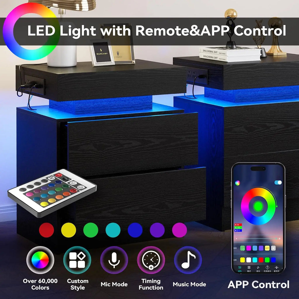 "Modern Night Stand with Charging Station – LED Light and Drawers for Bedroom or End Table Use" - LuxeHome Furniture