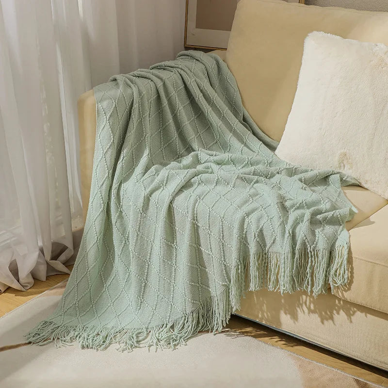 "Khaki Chunky Knit Blanket with Tassels – Oversized Vintage Farmhouse Throw, Luxury Sofa & Bedspread" - LuxeHome Furniture