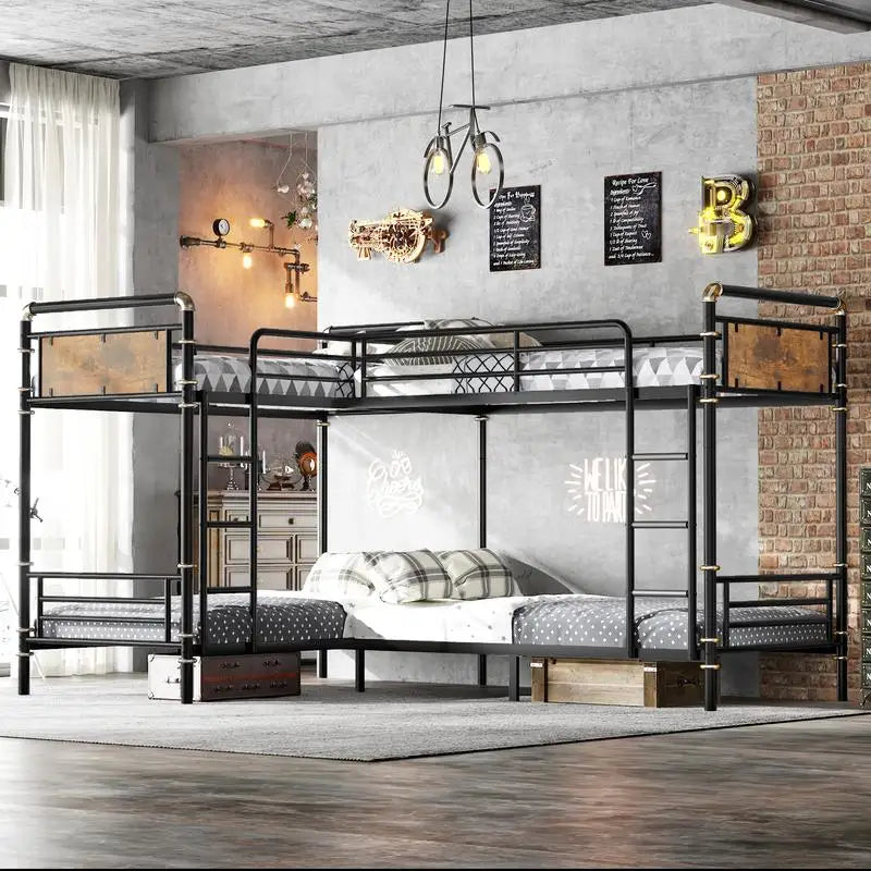 Quad Metal Bunk Bed — Heavy‑Duty Twin Frames, Converts to 3 Twins, Detachable Triple Bunk (Black) - LuxeHome Furniture