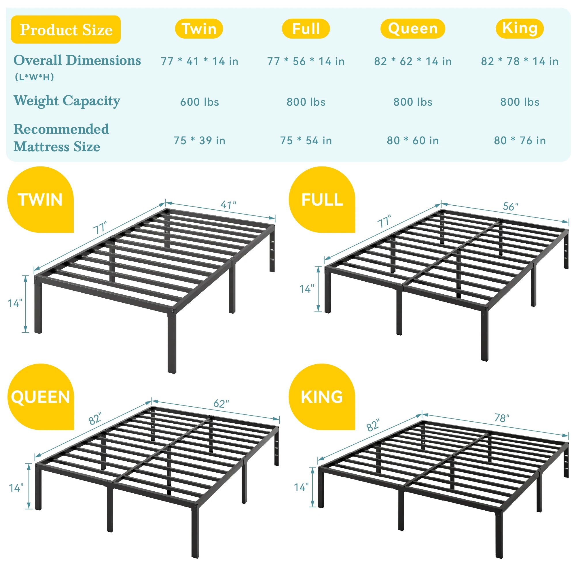 (All Sizes) Sturdy Metal Bed Frame — 14" Under‑Bed Storage, No Box Spring Required, Quick Tool‑Free Assembly - LuxeHome Furniture