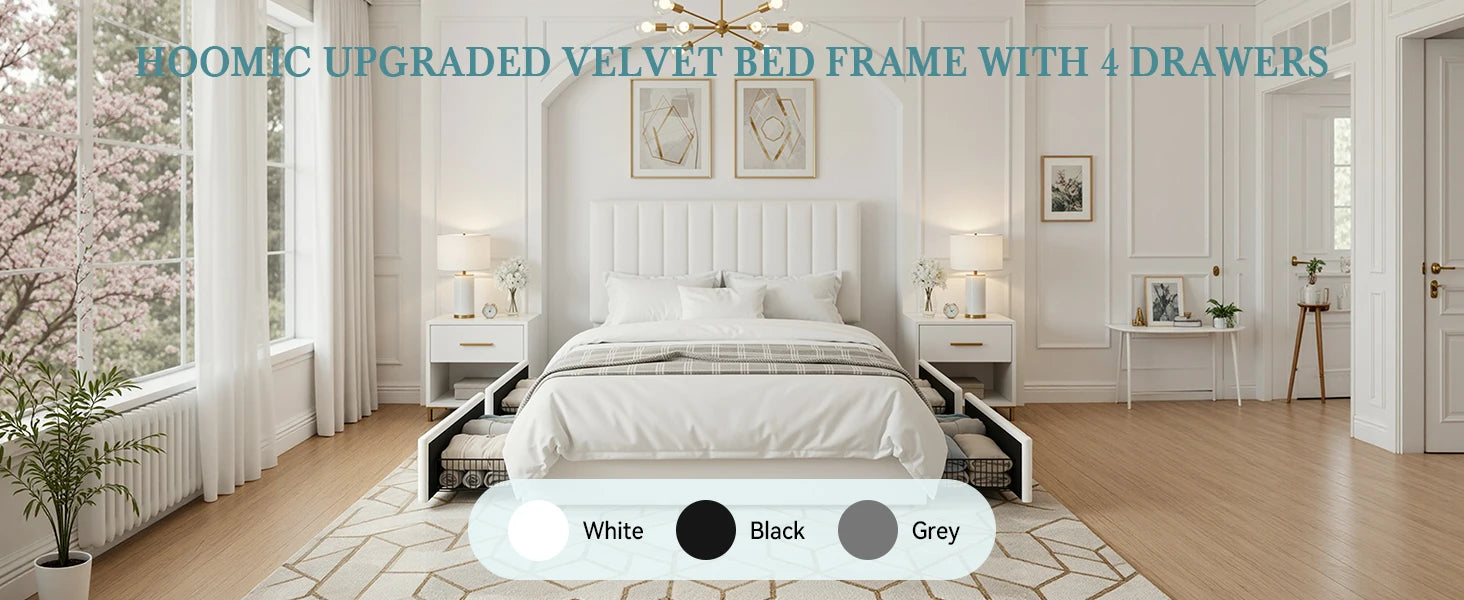 (Full/Queen/King) Velvet Upholstered Storage Bed — Vertical Channel Adjustable Headboard, 4 Under‑Bed Drawers, Mattress‑Ready Slat - LuxeHome Furniture