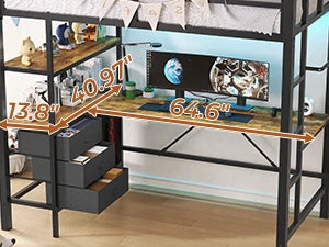 Twin Loft Bed with L‑Shaped Desk — LED Lights, Charging Station, 3 Shelves & 3 Fabric Drawers - LuxeHome Furniture