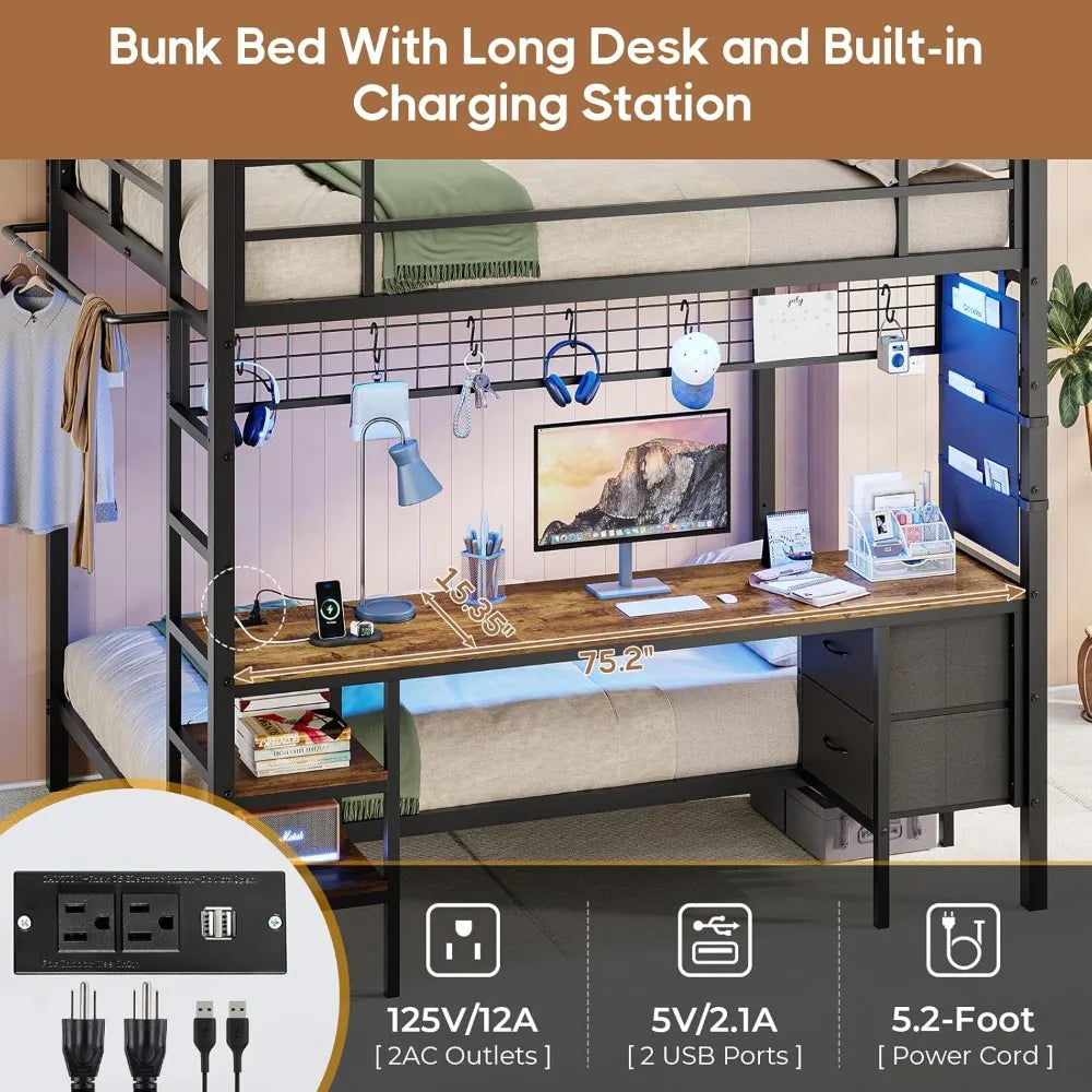 Full over Twin Bunk Bed — Built‑In Desk, USB Charging Ports & LED Accent Lighting - LuxeHome Furniture