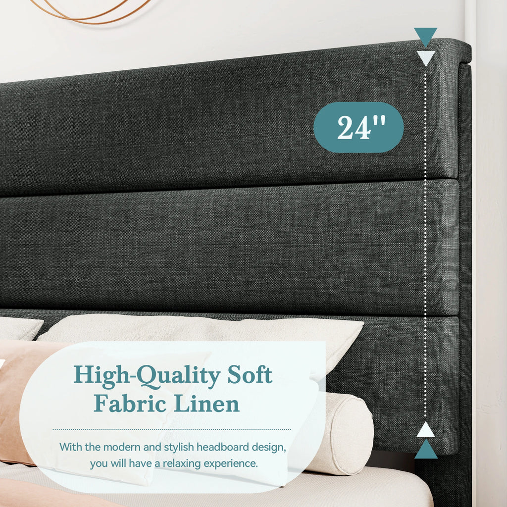 (Full/Queen/King) Fabric Platform Bed with Headboard — Reinforced Wooden Slat Support, Mattress‑Ready Panel Bed Foundation - LuxeHome Furniture