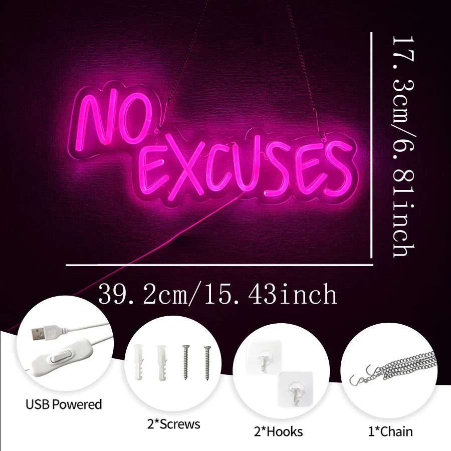 "No Excuses Neon Wall Sign – Illuminated Decor for Cafe, Bar, Gym, Living Room, Bathroom, Kitchen, and Home Art – Perfect Gift Plaque" - LuxeHome Furniture
