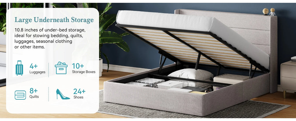 (Queen/Full/King) Hydraulic Lift Storage Bed — Wingback Headboard, Large Underbed Storage, Noise-Free - LuxeHome Furniture