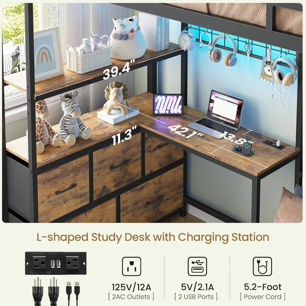 Twin XL‑over‑Twin Bunk Bed with L‑Shaped Desk — 5 Drawers, 2 Shelves & LED Lights - LuxeHome Furniture