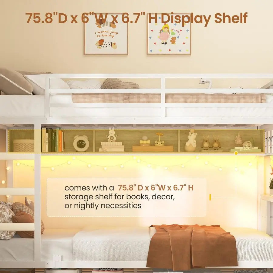 Twin‑over‑Twin Bunk Bed — LED Lights & Charging Station, Desk + 3 Storage Drawers (Heavy‑Duty Metal) - LuxeHome Furniture